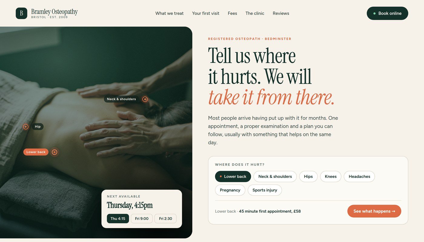 The same clinic rebuilt: a calm homepage that opens by asking where it hurts, with the next available appointment shown and booking as the main action.
